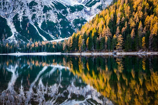 Dolomites Dağlarındaki Lago Braies Gölü Sudtirol Talya — Stok fotoğraf