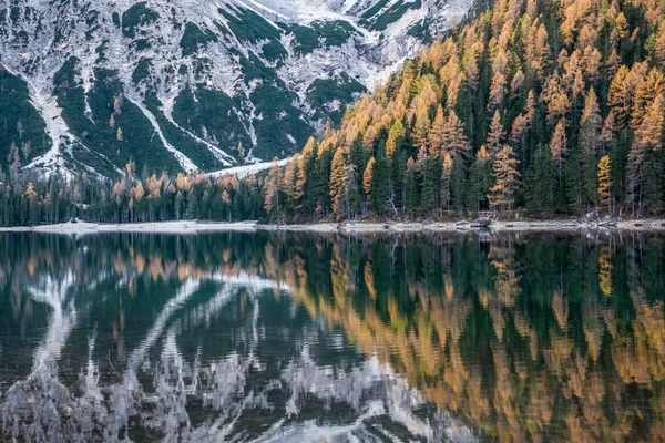 Dolomites Dağlarındaki Lago Braies Gölü Sudtirol Talya — Stok fotoğraf