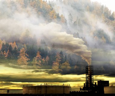 factory smoke covering pine forest double exposure global warmin clipart