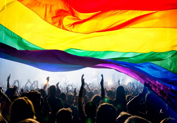 Siluetti Paraati Homoja Lesboja Sateenkaaren Lippu Symboli Rakkauden Suvaitsevaisuuden — kuvapankkivalokuva