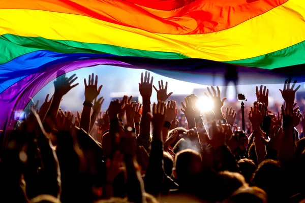 Silueta Desfile Gays Lesbianas Con Bandera Arco Iris Símbolo Amor — Foto de Stock