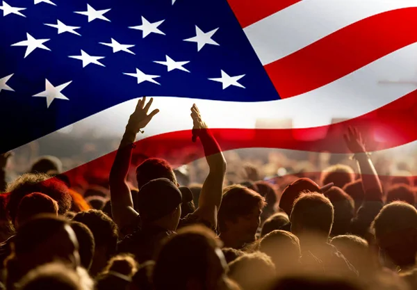 Crowd Celebrating Independence Day United States America Usa Flag Fireworks — Stock Photo, Image