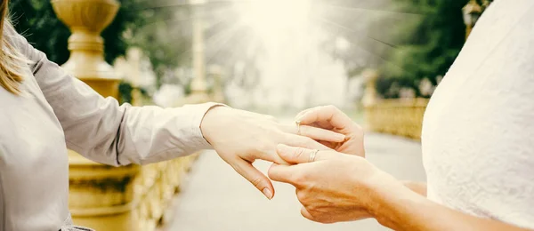 Γάμος Όμορφο Λεσβιακό Ζευγάρι Στην Αγάπη Παντρεύεται Ασχολούνται Έννοια Της — Φωτογραφία Αρχείου
