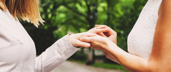 Boda Hermosa Pareja Lesbiana Amor Casarse Comprometido Concepto Matrimonio Igualdad — Foto de Stock