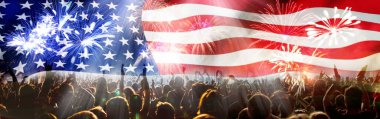 crowd celebrating Independence Day. United States of America USA flag with fireworks background for 4th of July clipart