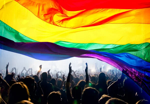 Silueta Desfile Gays Lesbianas Con Bandera Arco Iris Símbolo Amor — Foto de Stock