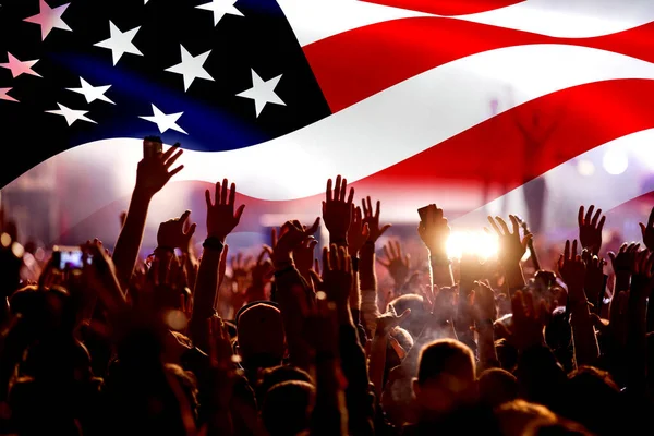 Crowd Celebrating Independence Day United States America Usa Flag Fireworks — Stock Photo, Image