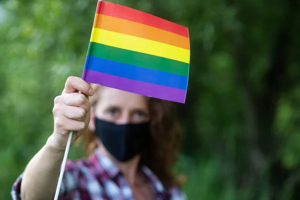 Woman Mask Holding Rainbow Flag Lgbt Rights Coronavirus — Stock Photo, Image