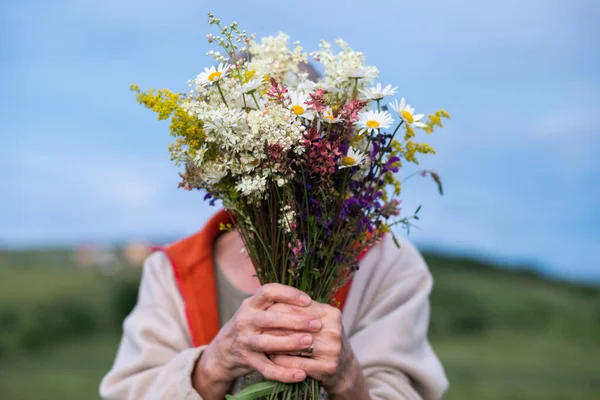Bouquet Wild Flowers Woman Hands — Stock Photo, Image