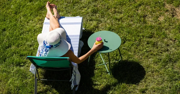 Top View Woman Sunbathing Back Yard Summer Fun — стоковое фото