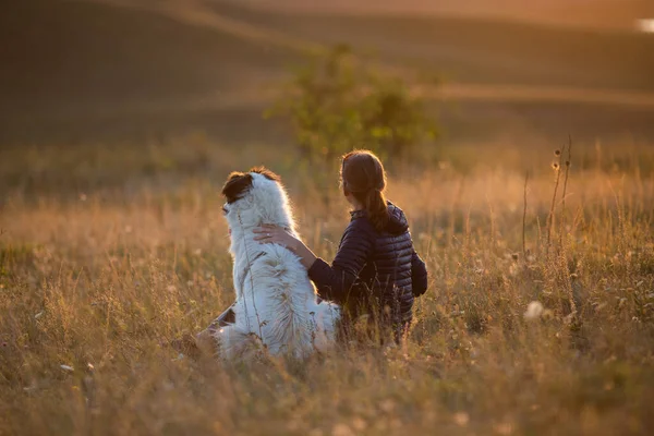 Sonbahar manzarasında beyaz köpekli mutlu bir kadın.