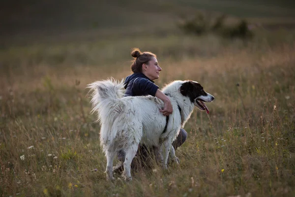 Счастливая Женщина Белой Собакой Осеннем Пейзаже — стоковое фото