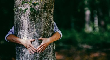 Ormanda bir ağacı kucaklayan kadın. Doğa sever, küresel ısınmayla mücadele eder.