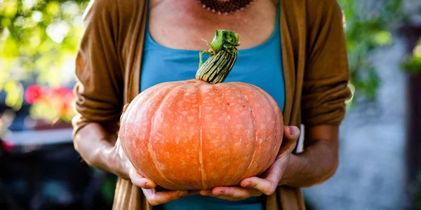 Mujer Sosteniendo Calabaza Otoño Acción Gracias —  Fotos de Stock