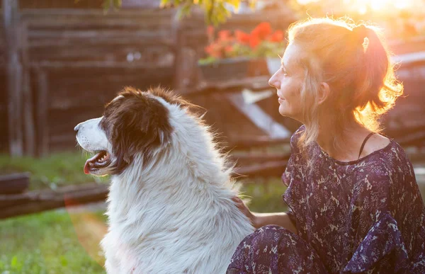 Kadın Beyaz Köpek Gün Batımında Açık Havada — Stok fotoğraf