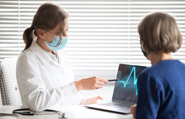 Doctora Consultando Paciente Con Máscara Médica —  Fotos de Stock