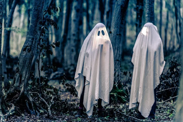 暗い森の中の幽霊ハロウィンの背景 — ストック写真