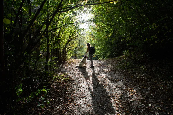 Vrouw Hond Genieten Van Buitenlucht Sociale Afstand — Stockfoto