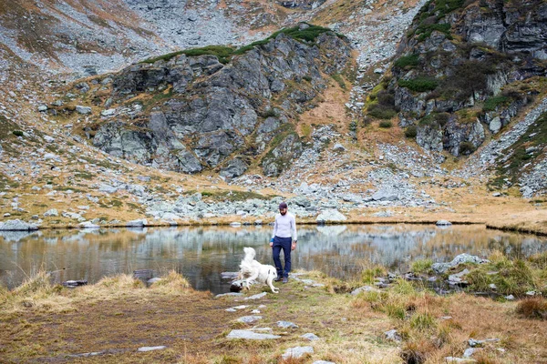 Bello Uomo Suo Cane Trekking Alta Montagna — Foto Stock