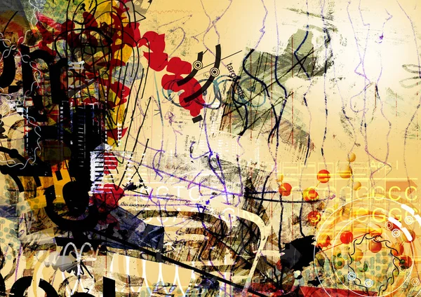 Messy Spontaneous Digital Collage Work Combines Acrylic Painting Hand Drawings — Stock Photo, Image