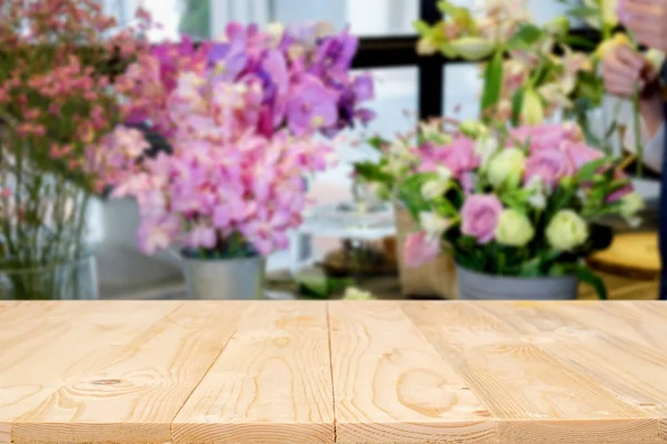 Empty Wooden Table Space Platform Blurred Coffee Shop Working Meeting — Stock Photo, Image