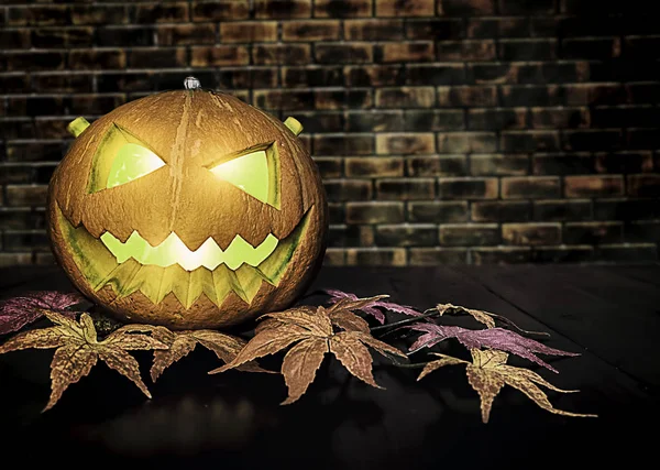 Halloween Pumpkin Black Wooden Table Brick Background Halloween Holiday Concept — Stock Photo, Image