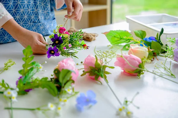 Woman Hands Making Flower Composition Florist Workshop Yourself Concept — Stock Photo, Image