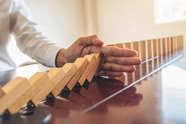 Solução Problemas Close View Hand Business Woman Stop Falling Blocks — Fotografia de Stock