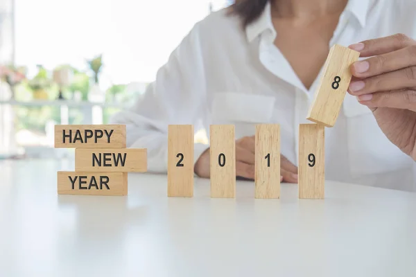 Newyear 2019 Concept Young Woman Building 2019 Concept Wooden Blocks — Stock Photo, Image