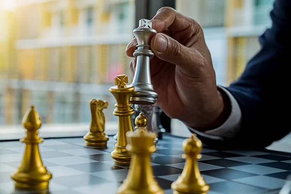 Hand Business Moving Chess Figure Competition Success Play Management Concept — Stock Photo, Image