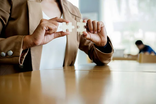 Business Woman Hands Connecting Jigsaw Puzzle Business Solutions Success Strategy — Stock Photo, Image