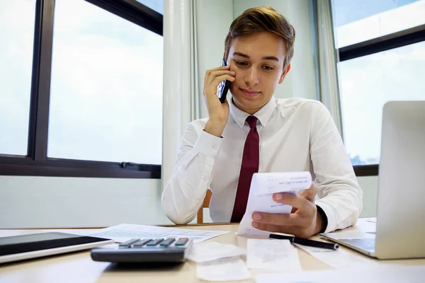 Businessman Working His Coffee Shop Using Laptop Holding Smartphone Hand — Stock Photo, Image