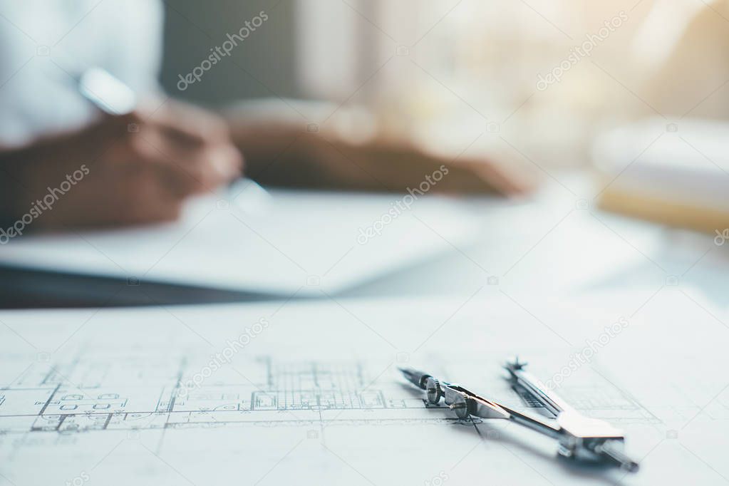 Architect Engineer Design Working on Blueprint Planning Concept. Construction Concept