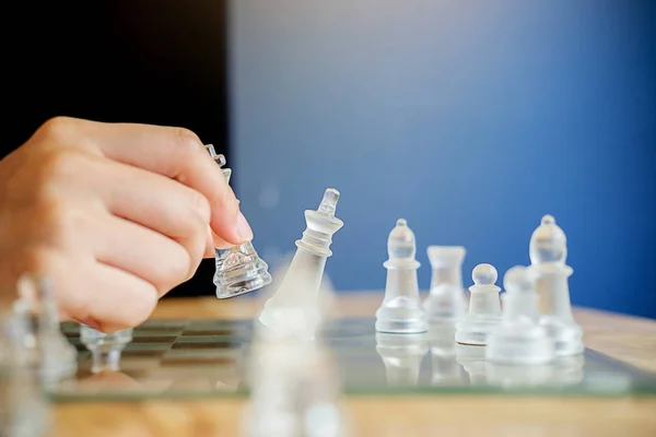 Hand Business Moving Chess Figure Competition Success Play Management Concept — Stock Photo, Image