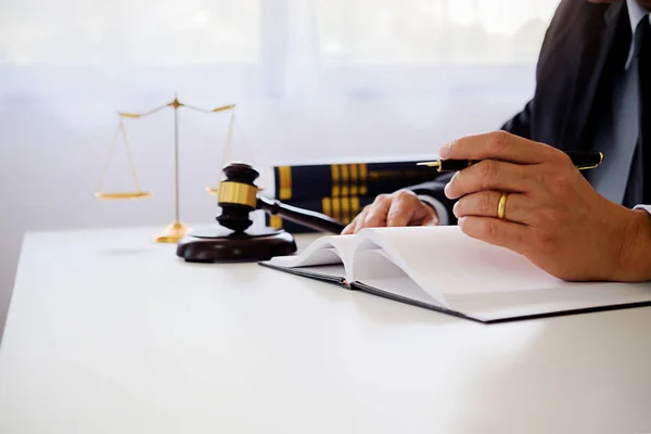 Judge gavel with Justice lawyers having team meeting at law firm — Stock Photo, Image