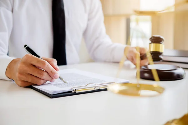 Judge gavel with Justice lawyers having team meeting at law firm — Stock Photo, Image