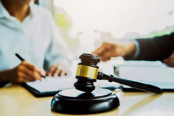 Judge gavel with Justice lawyer having team meeting at law firm — Stock Photo, Image