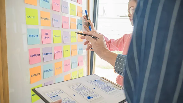 Web designer brainstorming for a strategy plan. Colorful sticky notes with things to do on office board. User experience (UX) concept.