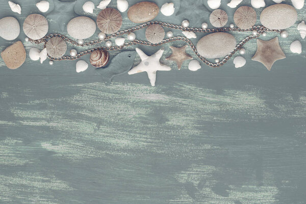 Натуральный деревянный ретро морской ракушки каменный фон. Декоративная композиция плоская
