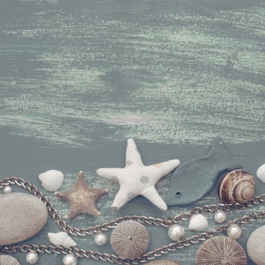 Doğal ahşap retro deniz kabuğu taş arka plan. Dekoratif kompozisyon düz yatıyordu