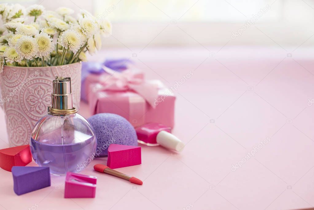 The composition of a Set of Women's accessories, cosmetic items gift cocktail. Top view of Flat lay Copy space for text.