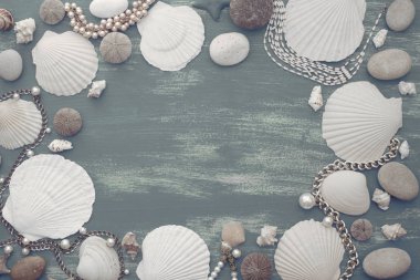 Doğal ahşap retro deniz kabuğu taş arka plan. Dekoratif kompozisyon düz yatıyordu