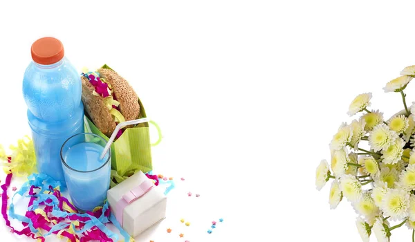 Banner Feestelijke Samenstelling Drinkt Snacks Vakantie Hamburger Cookie Klatergoud Confetti — Stockfoto