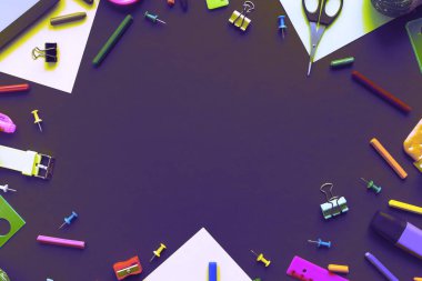 Sürrealizm kavramına geri okul apple sırt çantası Kırtasiye siyah arka plan üzerine. Üstten görünüm düz yatıyordu