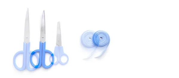 Banner Tools Creative Scissors Ribbon Textile Blue White Background Itens — Fotografia de Stock