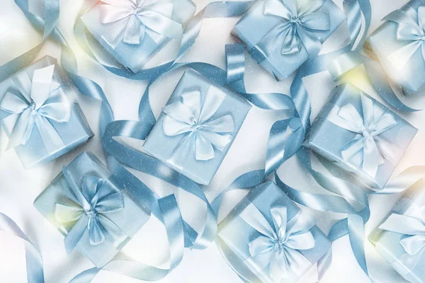 A set of gifts for blue color white background A top view of Flat lay Copy space horizontal Selective focus