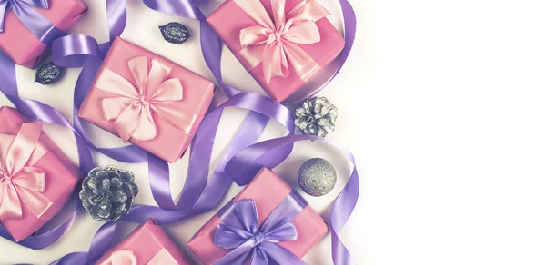 Banner Cajas Navidad Con Regalos Con Motivo Color Rosa Sobre — Foto de Stock
