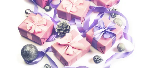 Banner Kerst Vakken Met Geschenken Ter Gelegenheid Van Roze Kleur — Stockfoto