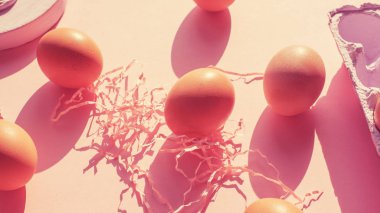 Tonda mercan arka plan üzerinde düz yatıyordu üstten görünüm afiş tavuk yumurta