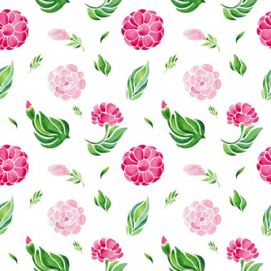 Çiçekler suluboya resim desen ayarla, kırmızı çiçekler ve yeşil yaprakları beyaz arka plan üzerinde.